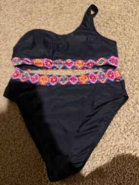 Black One-Shoulder Women’s Bikini with Pink Multicolor Trim